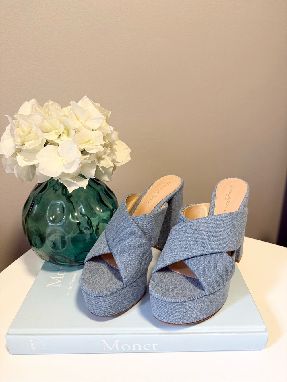 Gianvito Rossi Denim Sheridan Crisscross Platform Mules in Light Blue Denim